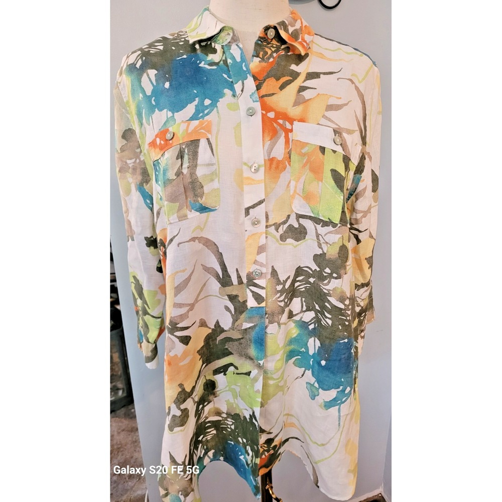 Chicos 1 100% Linen No Iron Button Front Shirt Women Medium Tropical Resort